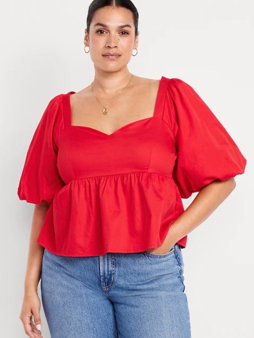 Old Navy Red Puff-Sleeve Poplin Peplum Top